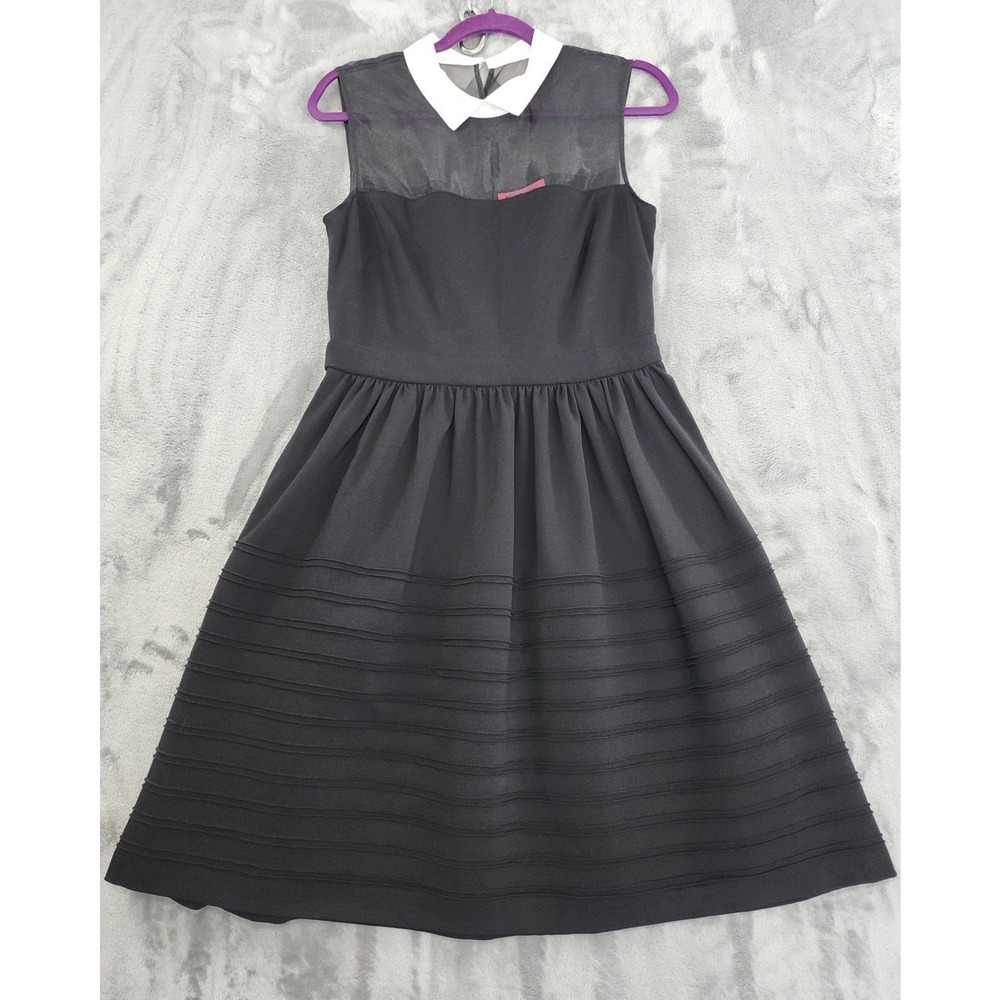 Betsey Johnson Dress Womens 10 Black White Collared Sleeveless Sheer‎ Midi Party